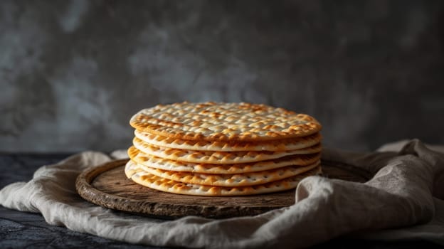 A stack of round matzah for Pesach on a wooden board table.