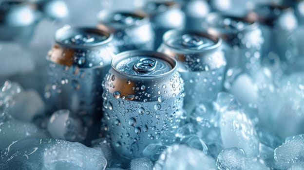 Close-up of white cans of drink surrounded by ice, without inscriptions, top side view