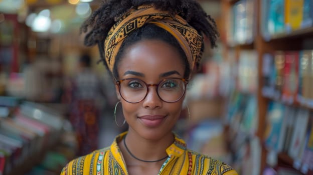 Attractive woman in bright clothes standing in her own bookstore on the blurred background of bookshelves
