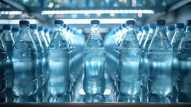 Frontal shot of open refrigerator shelves fully filled with unlabeled water bottles
