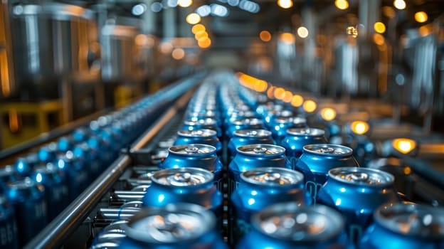 Modern, well-lit conveyor in beverage can factory, complete technology, white, blue colors