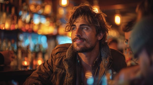 A man talking to friends in a cafe or pub .