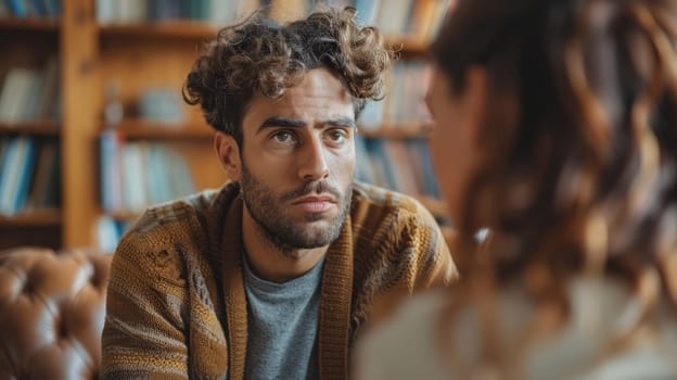 A man with a serious expression looks at a woman sitting opposite against the background of bookshelves