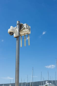 Montenegro, Porto Montenegro 03.July 2024. surveillance camera against the sky and masts
