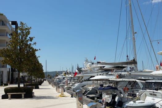 Montenegro, Porto Montenegro, Tivat, 03.July 2024. Promenade, group of yachts and boats in the port on a sunny day, Adriatic