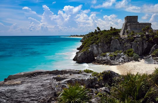 Temple of the God of Wind at Tulum in the Mexican state of Quintana Roo close to the resort of Cancun on the Yucatan Peninsula, Mexico. Dates from the 13th Century.
