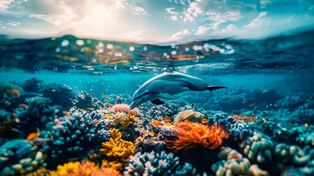 Little dolphin swimming in the sea. Dolphin underwater on reef background looking at you. AI generated