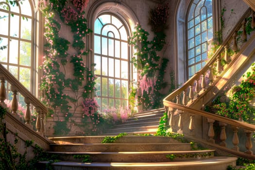 A staircase in a mansion with large windows and flowers on the walls, bathed in sunlight from outside. AI generated