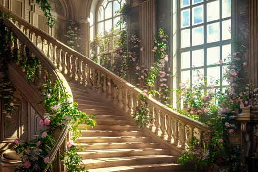 A staircase in a mansion with large windows and flowers on the walls, bathed in sunlight from outside. AI generated