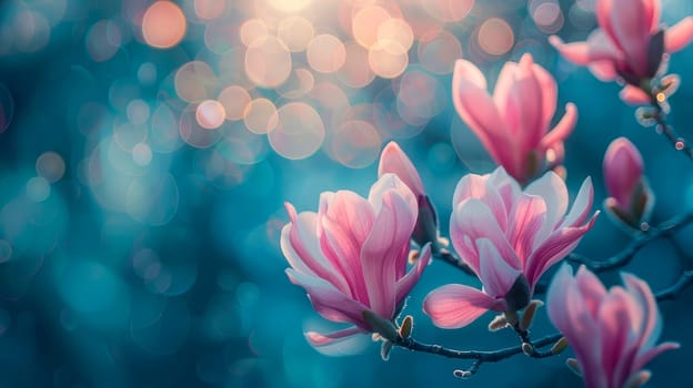 Blossoming Magnolia flowers on a blurry background. Shallow DOF. AI generated