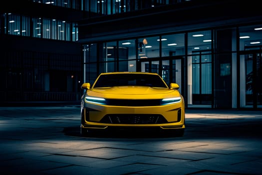 Front view of  yellow vehicle on the parking at night, futuristic transport concept. AI generated