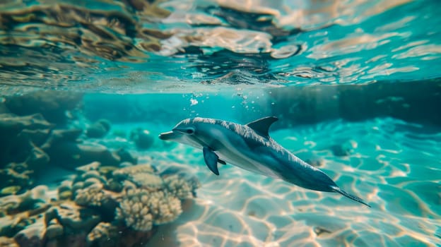 Little dolphin swimming underwater in the sea. AI generated
