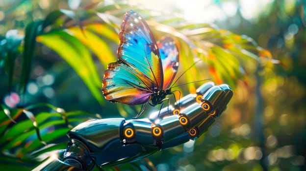 The butterfly on a hand of the robot against a natural background. AI generated