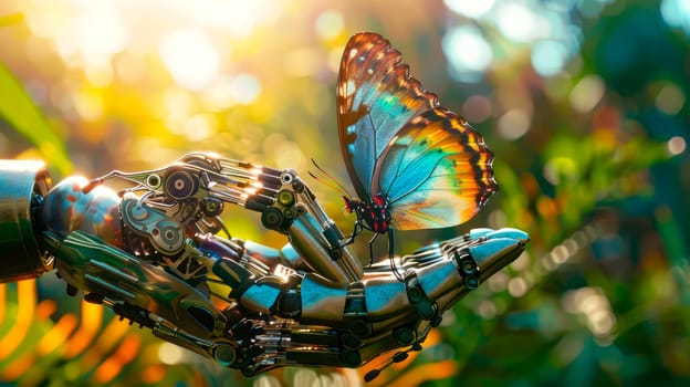 The mechanical robot arm and a butterfly. AI generated