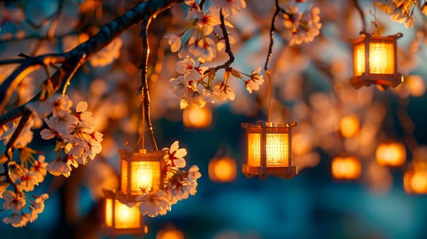 Blossoming cherry branches with hanging lanterns in a spring garden at evening time. AI generated
