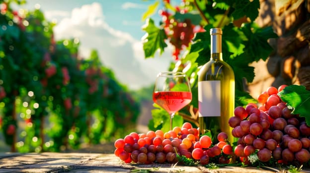 Glass and bottle of wine with grapes in a vineyard. Focus on grapes. AI generated
