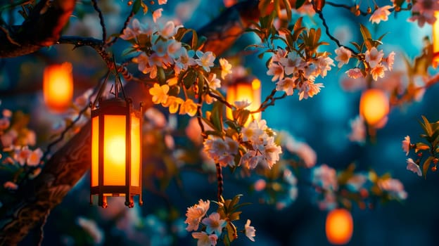Blossoming apple branches with hanging lanterns in a spring garden at evening time. AI generated