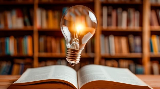 Thinking and creative concept. Light bulb on the open book at library. Concept idea of reading books, knowledge, and searching for new ideas. AI generated