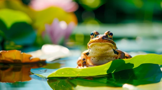 Frog in the summer pond. The frog basks in the sun sitting on a green lotus leaf. AI generated