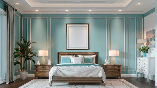 Stylish bedroom interior with large comfortable bed and blank picture frame on blue wall. AI generated