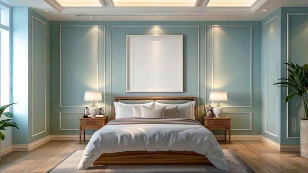 Stylish bedroom interior with large comfortable bed and blue walls. AI generated