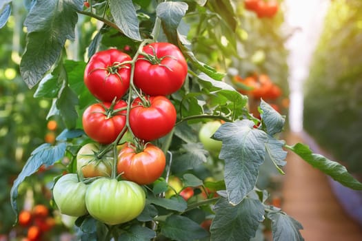 Ripe tomato plants growing in greenhouse. Fresh bunch of red and green natural tomatoes in organic vegetable garden.
