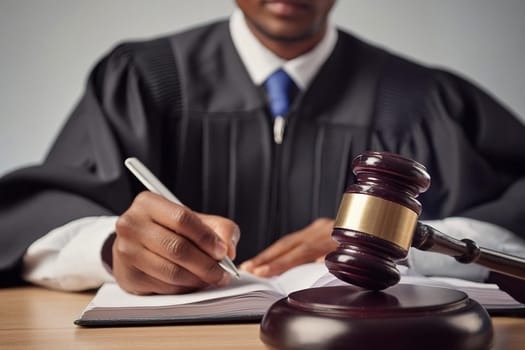 Male judge taking notes during the court session. There is a judge's gavel on the table.