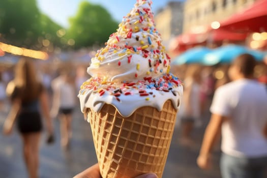 Close-up of a melting ice cream cone with vibrant sprinkles and a blurred background of people enjoying outdoor activities.