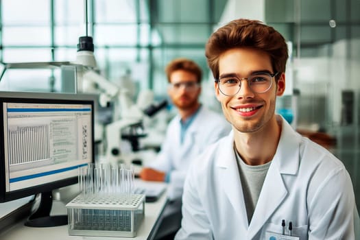 Young man scientist in a modern chemical laboratory.