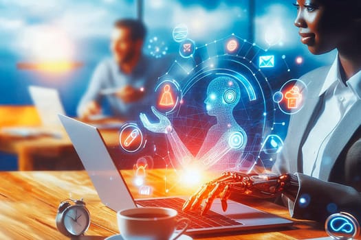 Cyberwoman working on laptop. The concept of automating the work and use of chatbots and artificial intelligence in business