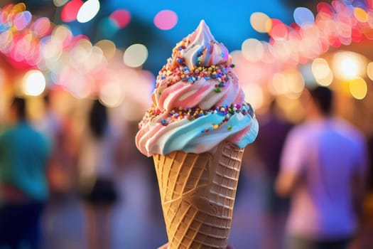 Close-up of a melting ice cream cone with vibrant sprinkles and a blurred background of people enjoying outdoor activities.