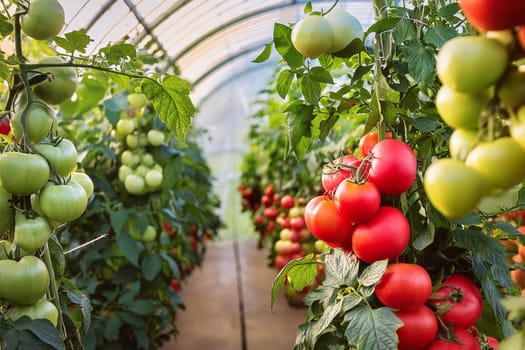 Tomato bushes with red and green tomatoes on a branch in a greenhouse. Growing and harvesting vegetables on the farm.
