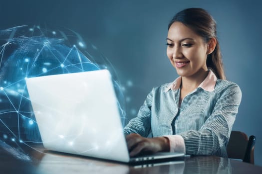 A young businesswoman working on a laptop using neural networks. Neural networks in work, business and social networks