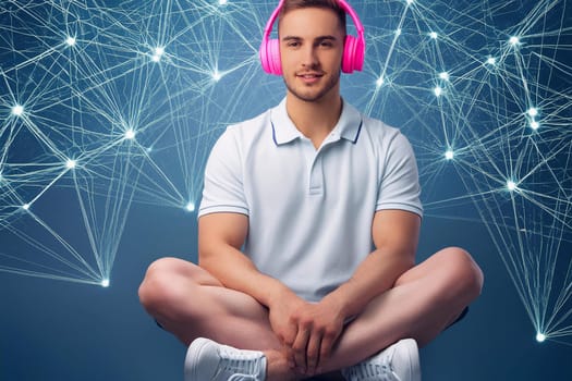 Young Man In Pink Headphones Sitting Surrounded By A Network Of Neurons, The Concept Of Using Big Data In Life.