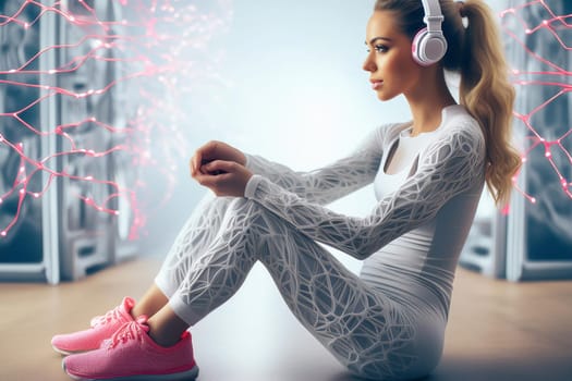 A young cyberwoman in a futuristic jumpsuit against the background of a network of neurons.