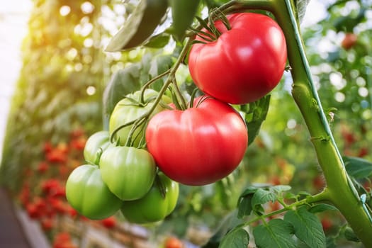 Tomato bushes with red and green tomatoes on a branch in a greenhouse. Growing and harvesting vegetables on the farm.