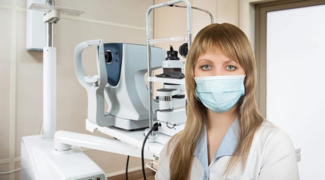 Female doctor mammologist or radiologist working in the room with equipment for breast x-ray