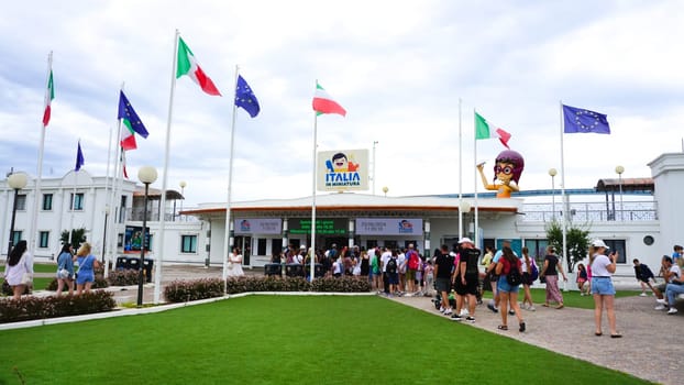 Viserba, Italy - June 25, 2024: People going at Theme park Italy in Miniature or Italia in Miniatura in Rimini, Italy - Reproduction of famous attractions in a small scale