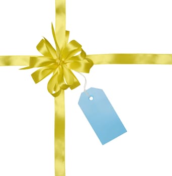Yellow silk ribbon and bow, blue paper tag for congratulations. Isolated background