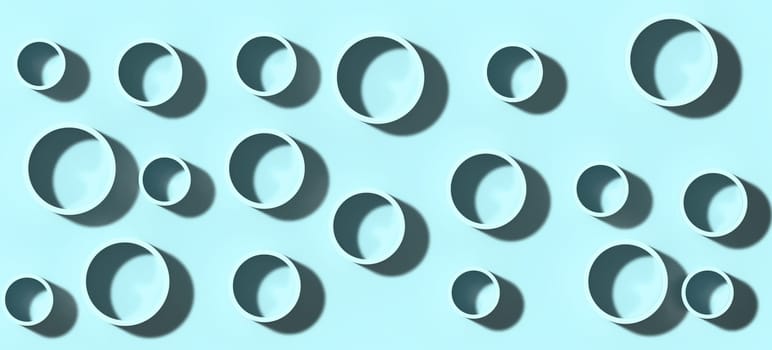 Blue circles of various sizes with shadow on a blue background, 3D rendering illustration