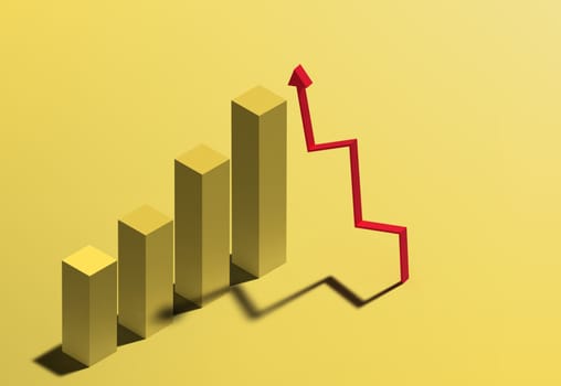 Columns of increasing graph with shadow on yellow background, 3D rendering illustration