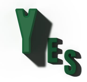 The word yes from green letters with shadow on isolated background, 3D rendering illustration