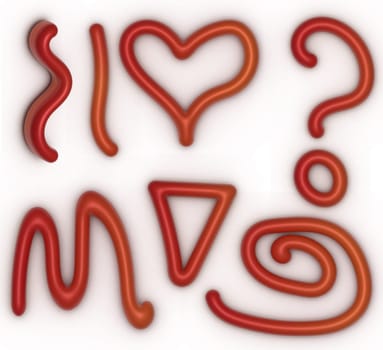 A set of various volumetric red figures drawn by hand on a isolated background, 3D rendering illustration