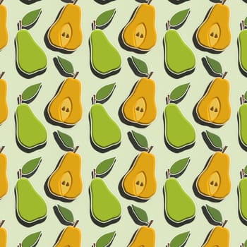 Seamless pattern of pears with shadow on a light green background, 3D rendering illustration