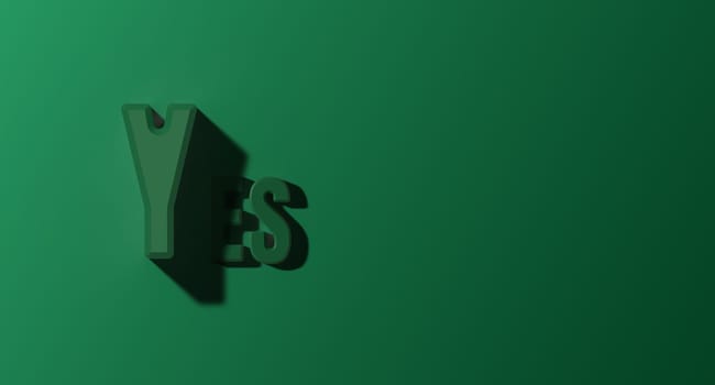 The word yes made of green letters with a shadow on a green background, 3D rendering illustration