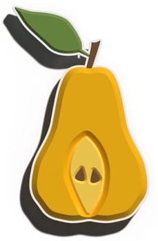 Half of a yellow pear on a stalk with a leaf on an isolated background. 3D rendering illustration