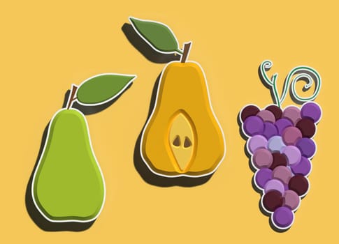 Bunch of purple grapes and pear on yellow background, 3D rendering illustration