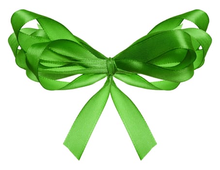 Knotted golden satin ribbon bow on isolated background