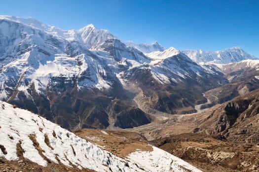 On the way to the Ice Lake, view onto the town of Manang in front of Annapurna III, Gangapurna, Tarke Kang and Khangsar, Kangshar, Kangsar Kang, Annapurna Circuit Trek, Nepal 2022