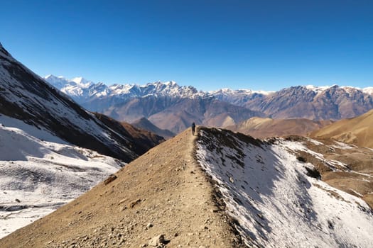 On the way from the Thorong La, Thorung La, Thorang La pass to Muktinath, a person walks on the trail that runs over a small ridge in front of a mountain range, Annapurna Circuit Trek, Nepal 2022